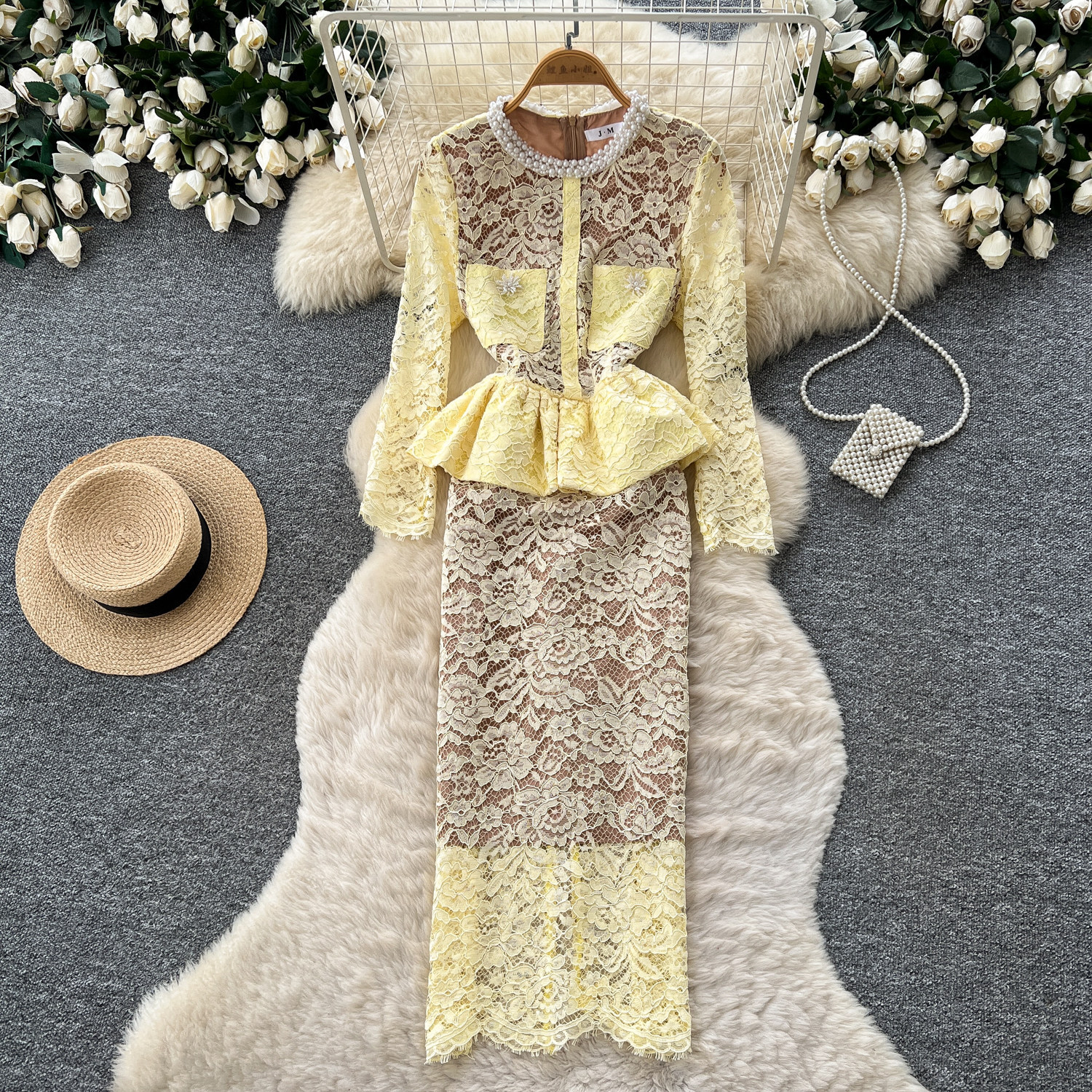 Lace Ruffle Hem Long Sleeve Dress Slim Fit High Waist Elegant Style Perfect for Office and Autumn Events Wholesale