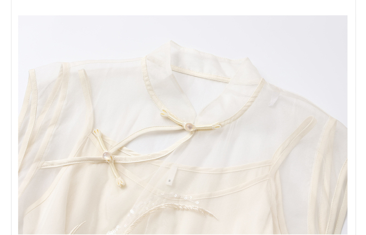 Áo gile nữ thêu họa tiết động vật cổ chữ V dáng thắt dây phối lụa organza