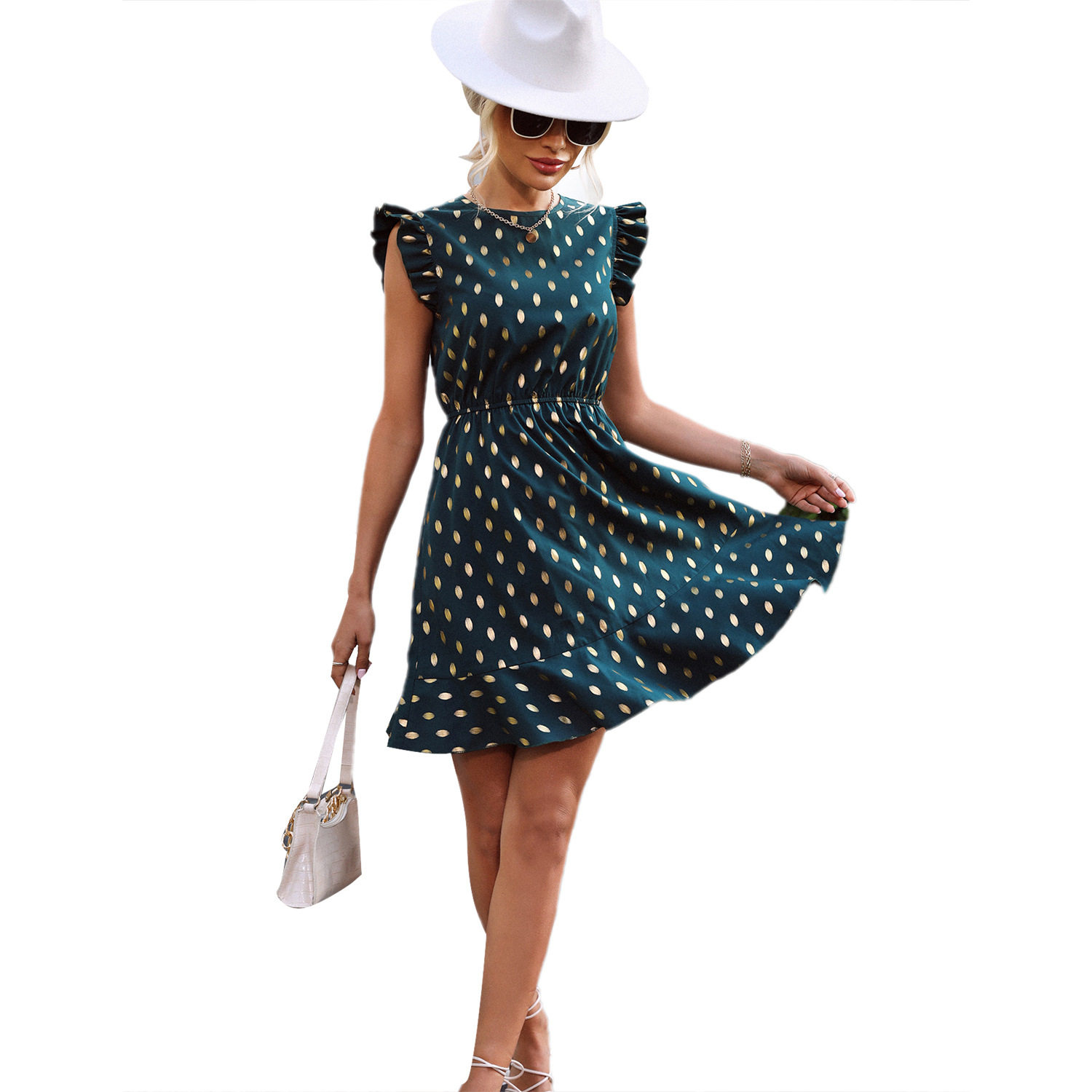 Sleeveless Polka Dot Dress Elegant Round Neck Chic Commuter Style Perfect for Spring and Summer Wholesale Available
