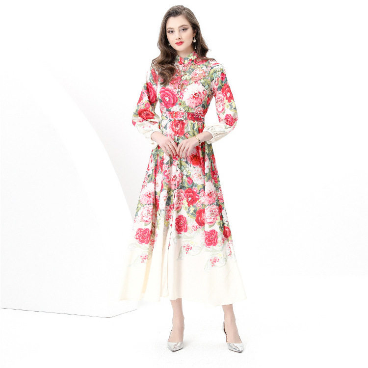 French Style Womens Vacation Dress Waist Defined Lantern Sleeves Floral Print Button Closure Flared Long Skirt