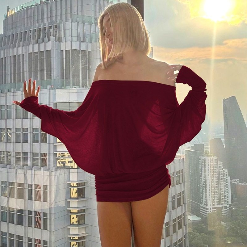 欧美风女装2025春季新品性感纯欲风一字领抽褶紧身包臀连衣裙