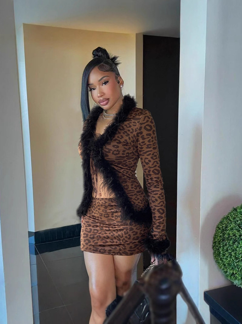 Turkish Feather Leopard Print Group Suit European and American New Sexy V Neck Strap Cardigan Short Street Sexy Hip-Hugging Short Skirt