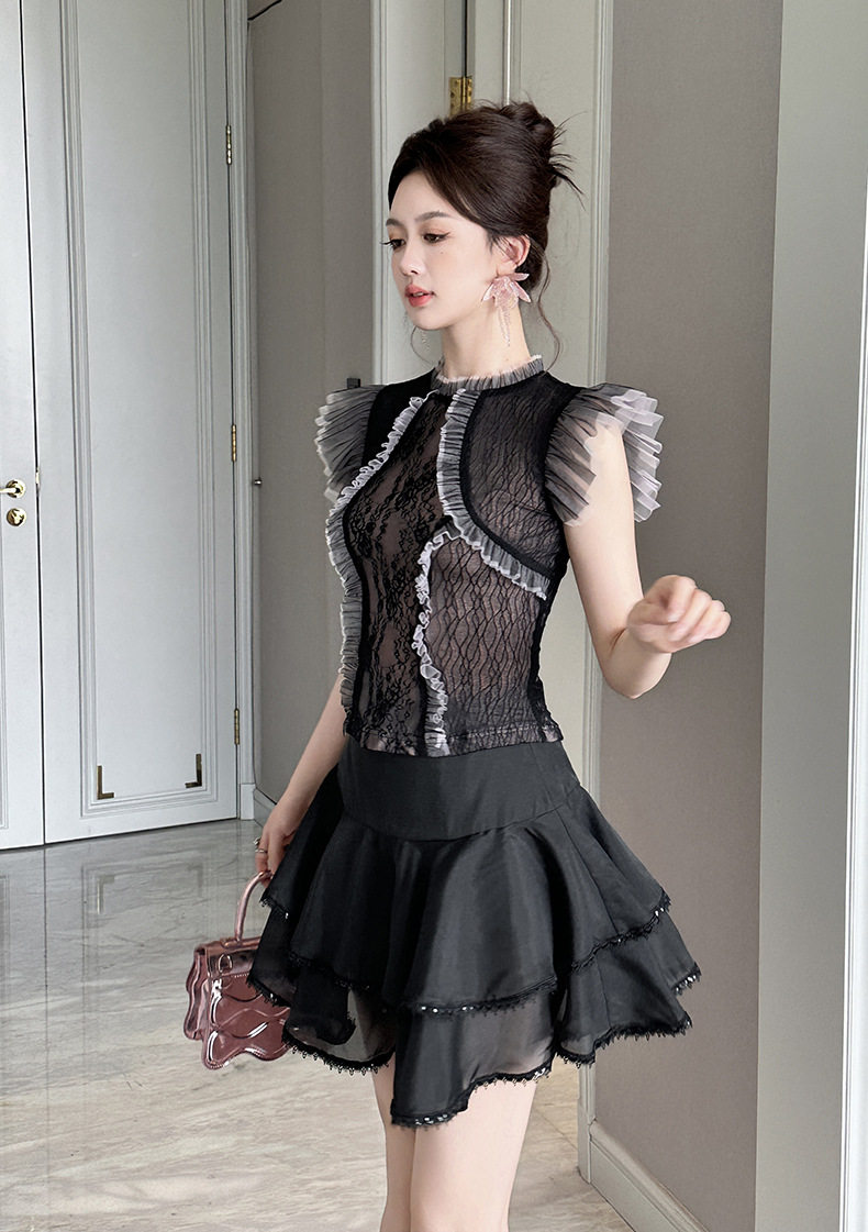 Áo thun nữ tay lửng ren cổ đứng dáng ôm phong cách Pháp — [Đen] chi tiết 8