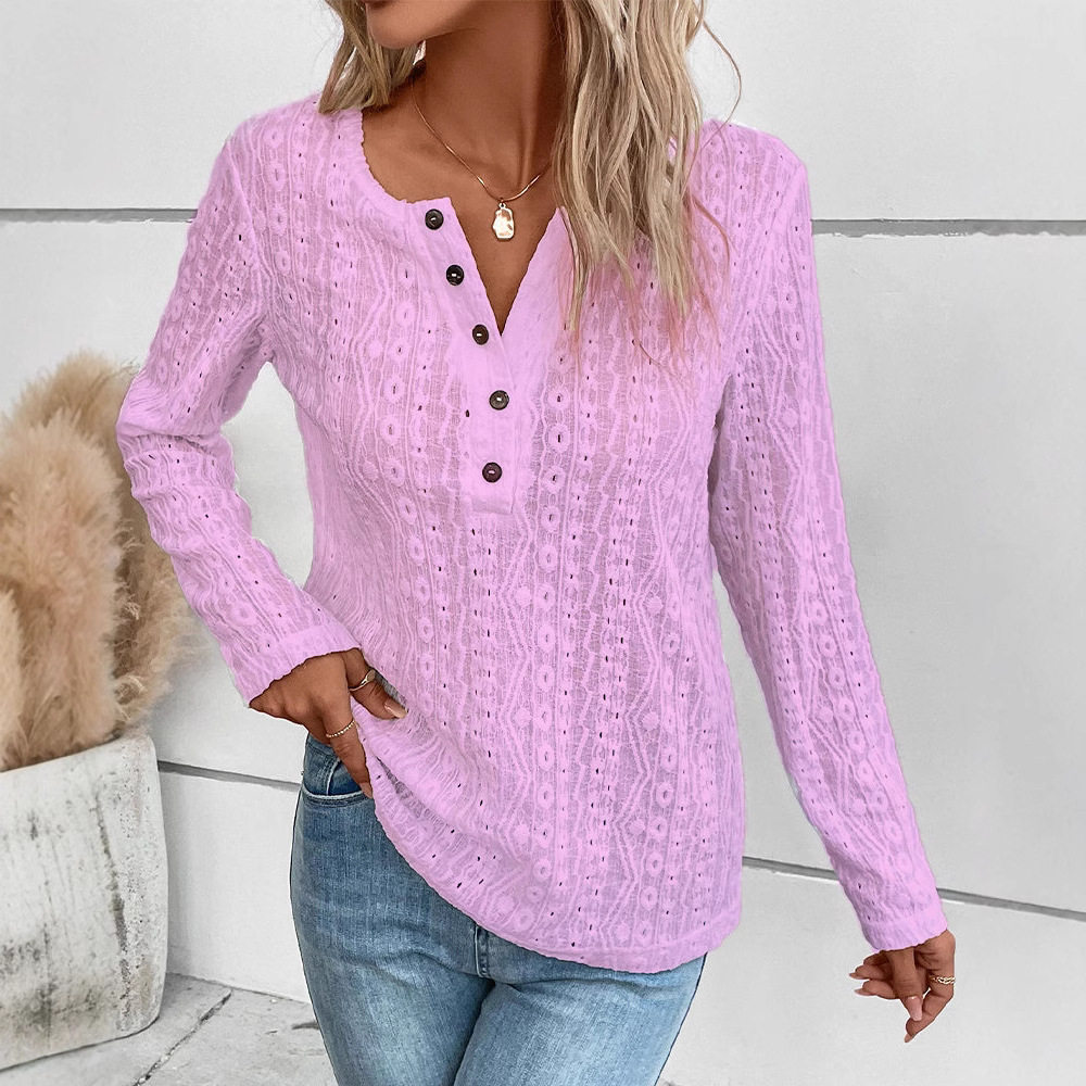 Casual Womens Long Sleeve Top Solid Color V Neck Hollow Out Design Perfect for Everyday Wear Wholesale Available