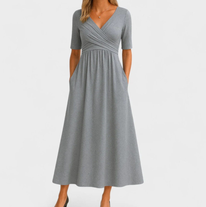 Elegant Womens Solid Color Maxi Dress V Neck Mid Sleeve Summer Style Available for Wholesale