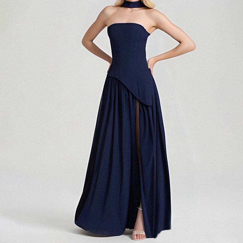 Womens Summer Dress Elegant Solid Color Pleated Design Side Slit Perfect for Casual or Formal Occasions Wholesale