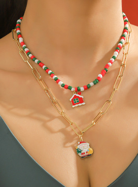 欧美热卖圣诞节项链 圣诞老人小雪人吊坠软陶米珠项链 圣诞节礼物
