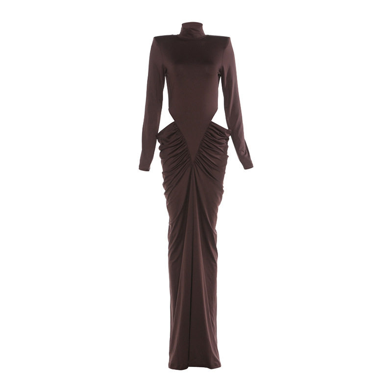 High Neck Long Sleeve Dress Solid Color Ruffled Design Hollow Out Elegant Style Perfect for Autumn and Winter