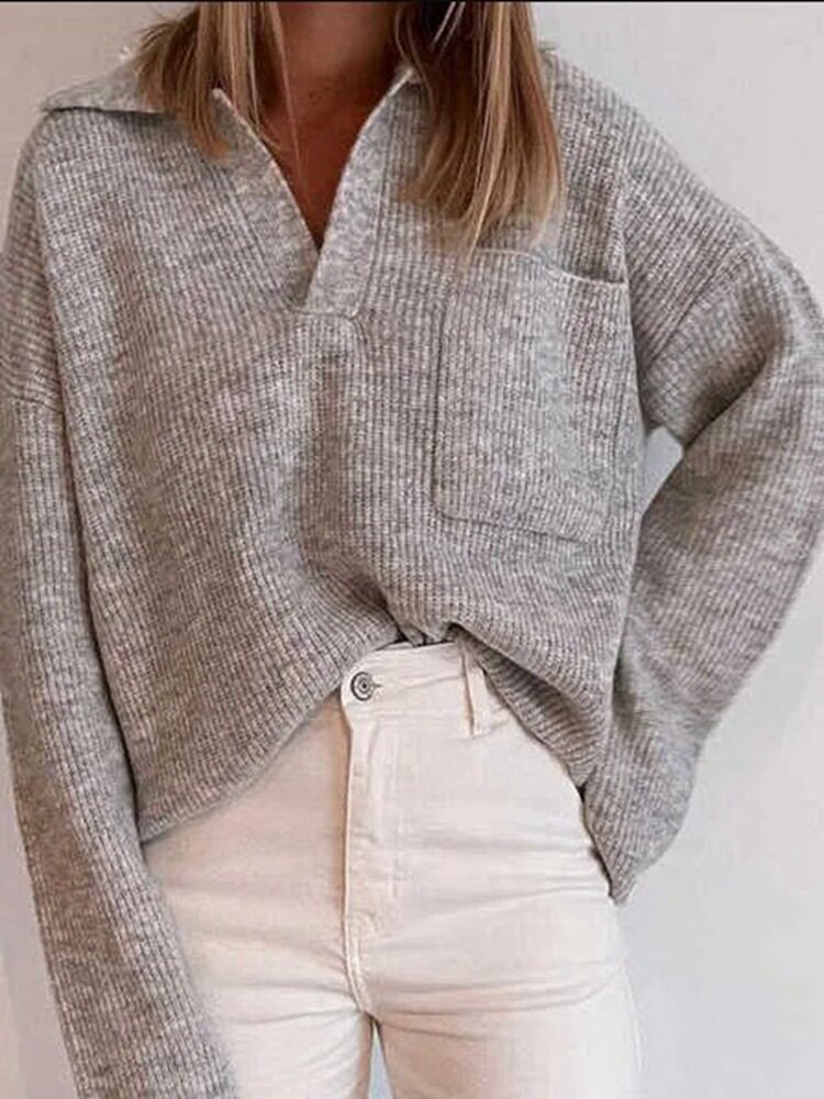 Casual Loose Fit Solid Color Sweater with Pockets Womens Knitwear for Everyday Wear Ready to Ship
