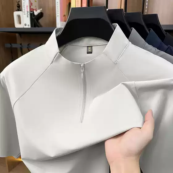 Fashion Zip-Up Stand Collar Short Sleeve T-Shirt Sporty Men's Summer New Outdoor Casual Solid Color Cooling Top