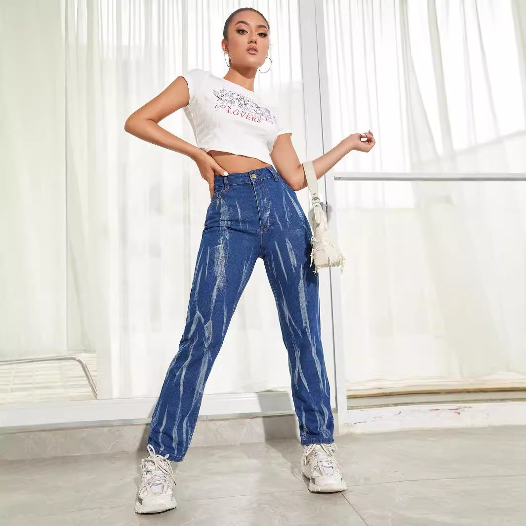 Tie Dye Straight Leg Jeans Slim Fit Casual Style Womens Fashion Ready to Ship Wholesale Available