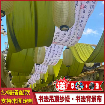 New Chinese Calligraphy Gauze Curtain Text, Ancient Style with Grass Green Curtain, National Style Background Cloth, Photo Ceiling Decoration Gauze