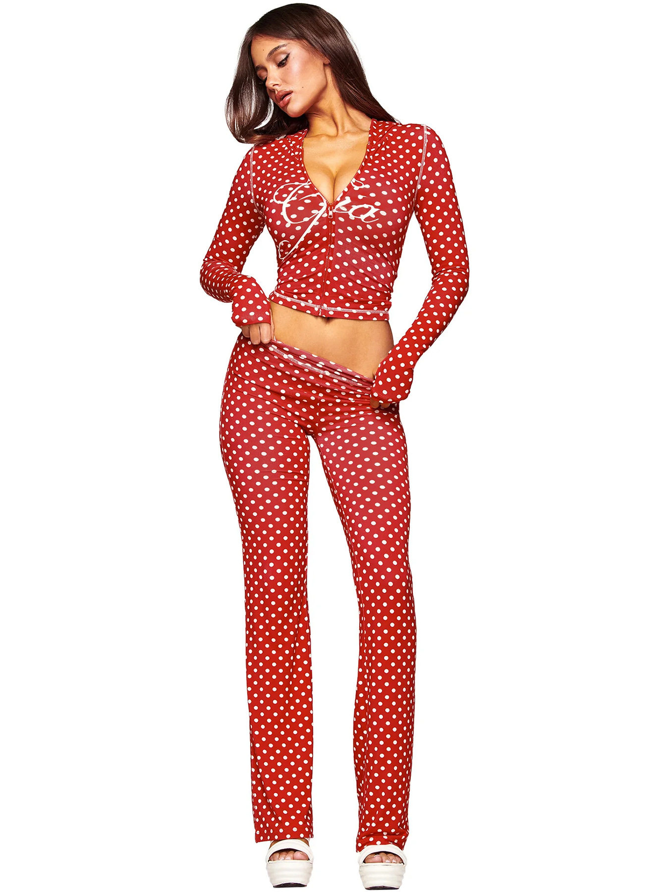 HR25071 欧美时尚女装跨境货源印花连帽长袖拇指扣微喇叭两件套装