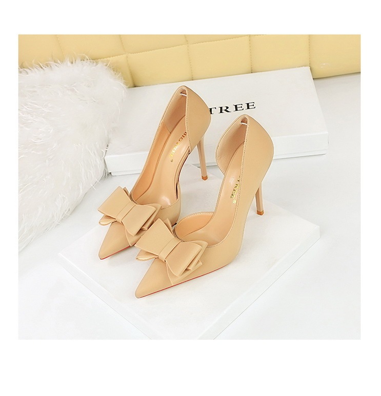 Giày cao gót nữ mũi nhọn gót siêu cao 10.5cm mặt lụa satin thắt nơ hở hông — Màu đen, Màu đỏ hoa hồng, Màu đỏ rượu, Màu hồng