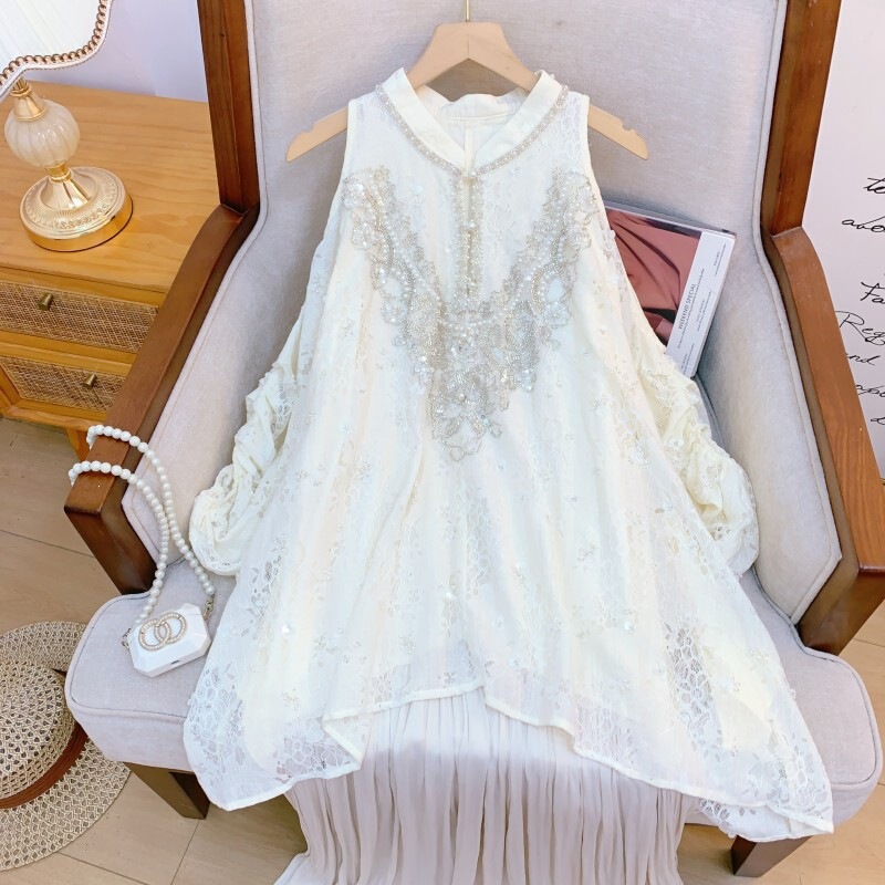 Đầm suông nữ thêu thủ công trễ vai tay phồng dáng dài — Màu nâu kaki - Chất lượng cao, Trắng cực quang, Xanh tuyết núi
