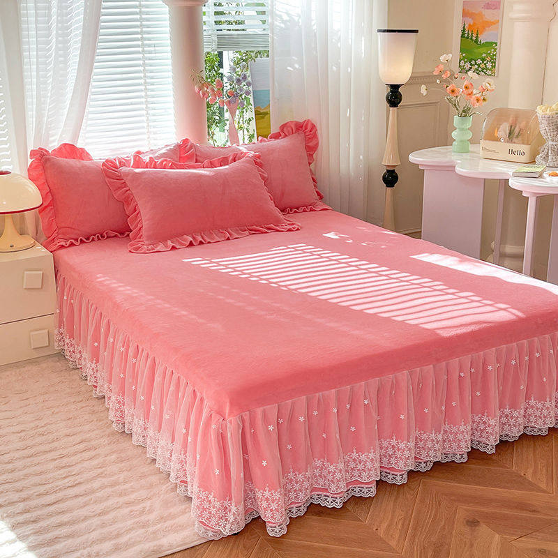Winter Thickeneded Milk Velvet Bed Skirt Four-Piece Set Double-Sided Velvet Quilt Cover Bed Sheets Three-Piece Set Quilt Cover Bedding