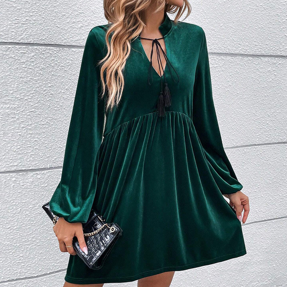Velvet Long Sleeve Dress Waist Cinching Flared Skirt Puff Sleeves Fall Winter Fashion for Women Wholesale Available