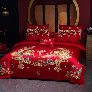 Luxury Cotton Embroidered Red Wedding Bedding Set, Four-Piece Set for Wedding Celebrations, Embroidered Design, Suitable for All Seasons