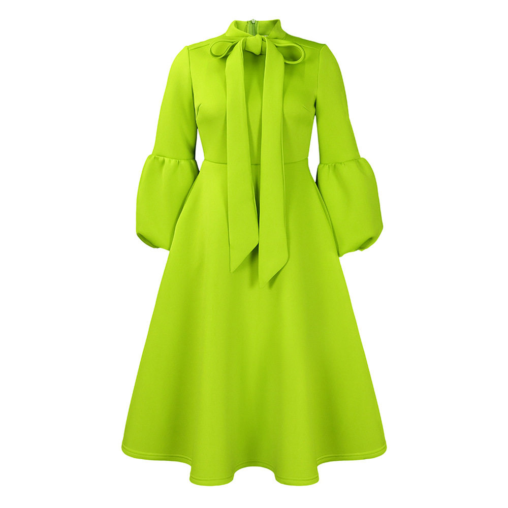 Fashionable High Waisted Lantern Sleeve Dress Plus Size Bow Tie Flared Skirt Spring Summer Occasion Wholesale