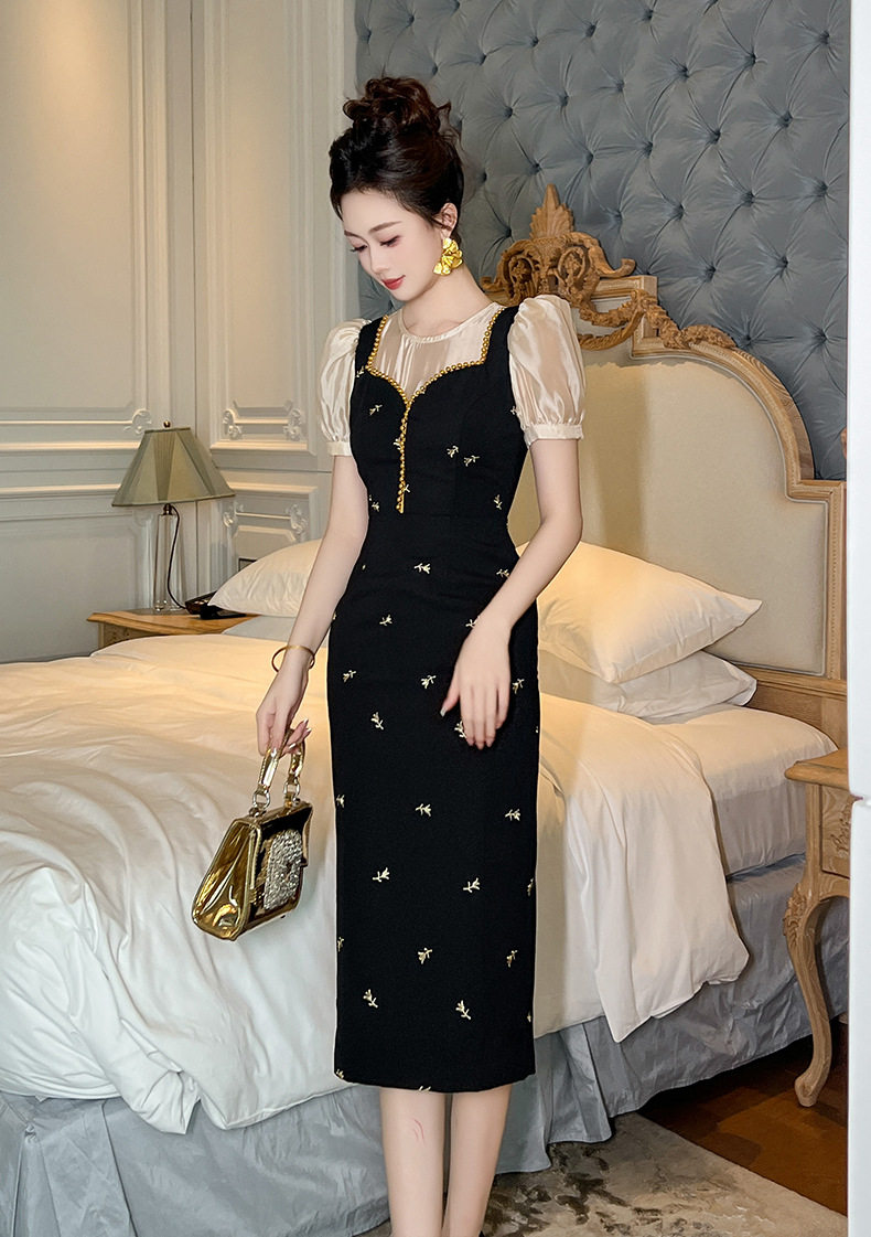 Đầm ôm body nữ cổ tròn tay bồng phong cách Pháp — [Đen] chi tiết 6