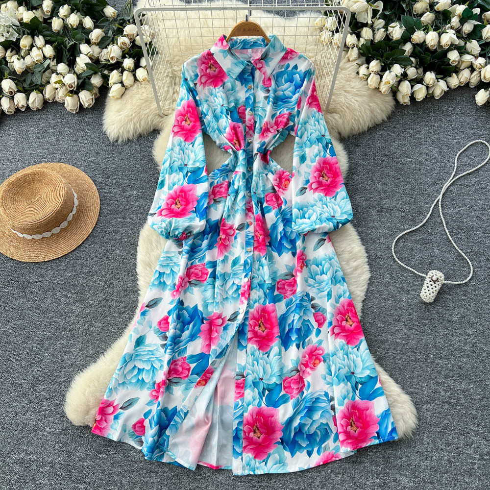 Fashionable Womens Floral Print Dress Long Sleeve Waist Tie A Line Silhouette Versatile for Work or Casual Occasions