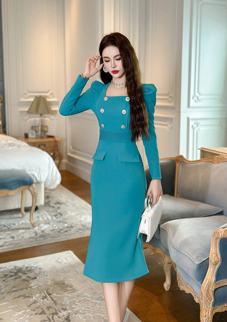 Đầm ôm body nữ cổ vuông dài tay thắt eo thanh lịch — Màu xanh nước hồ