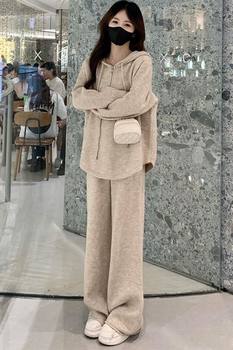 Casual Sportswear Suit for Women Spring and Autum New Korean Style Loose Slimming Look Pure Color Hooded Sweatshirt Fashion Two-Piece Set