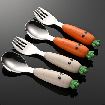 304 Stainless Steel Kidsren's Portable Spoon and Fork Set Creative Carrot Handle Baby Feeding Tableware Spoon and Fork