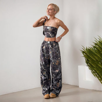 W301ST Cross-border American-style Teenager Women's Fashion Casual Elastic Waist Printed Tube-length Slim-fit Crane Pants suit