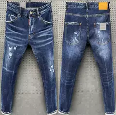 Foreign Trade New Tattered Paint Men's Slim Patch Stretch DSQ Jeans Blue Tight Beggar Pants