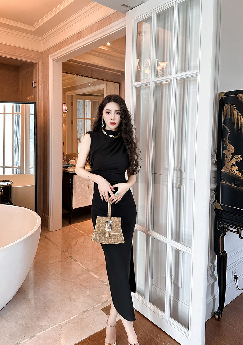Đầm maxi nữ thắt eo dáng ôm tay ngắn cổ đứng xẻ tà — [Xanh hồ], [Đen] chi tiết 24