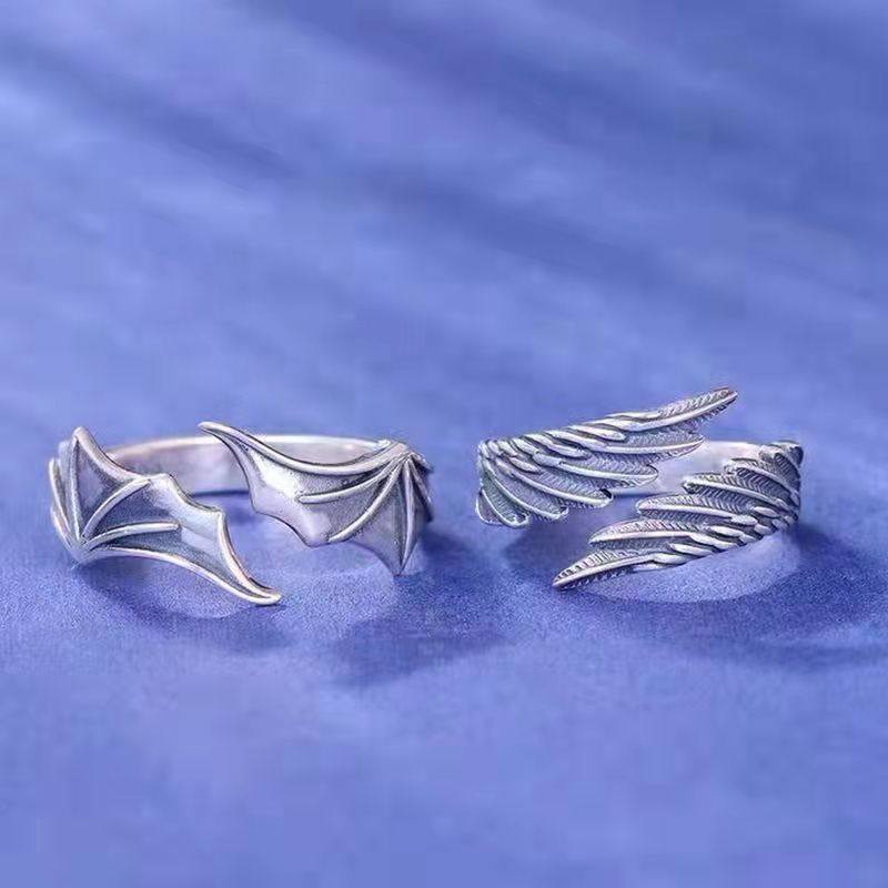 Angel and Devil Wings Couple Thai Silver Ring European and American Cross-border Jewelry Personality Open Ring Factory Direct Supply