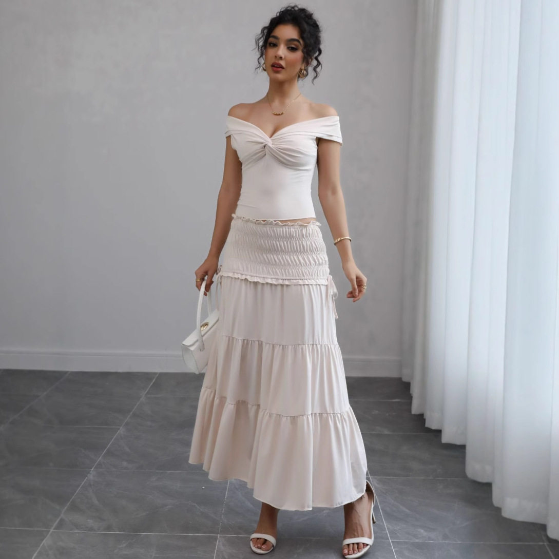 Summer Womens Two Piece Set Crop Top with Low Neckline Ruffled Skirt Chic French Style for Casual Outings Wholesale