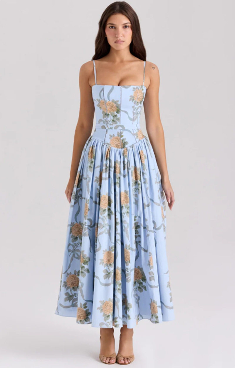 Elegant Floral Print A Line Maxi Dress Slim Fit Sleeveless Soft Fabric Perfect for Summer Events Wholesale Available