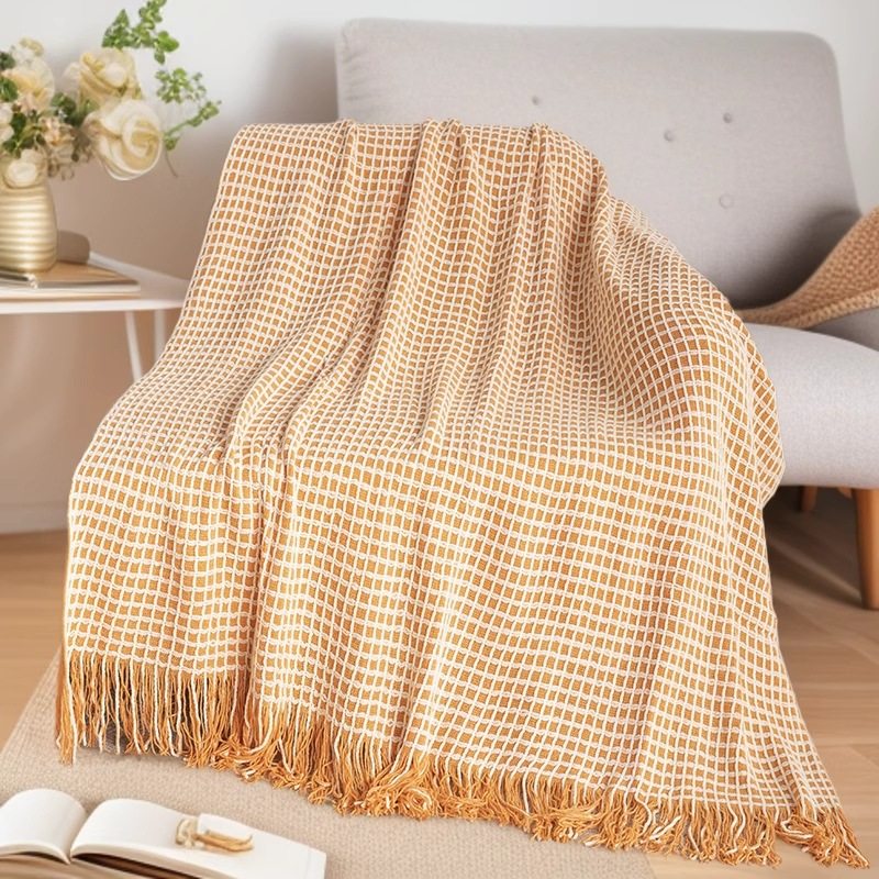 Four Seasons Waffle Tassel Knitted Blanket Modern Simple Bed End Blanket Air-conditioning Blanket Nap Blanket Sofa Blanket Wholesale