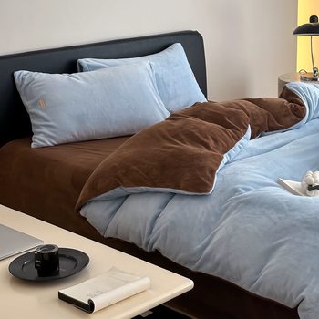 Bright Color Simple Pure Color Double-Sided Milk Velvet Four-Piece Set Winter Thickeneded Warm Coral Velvet Quilt Cover Bed Sheetss and Fitted Bed Sheetss