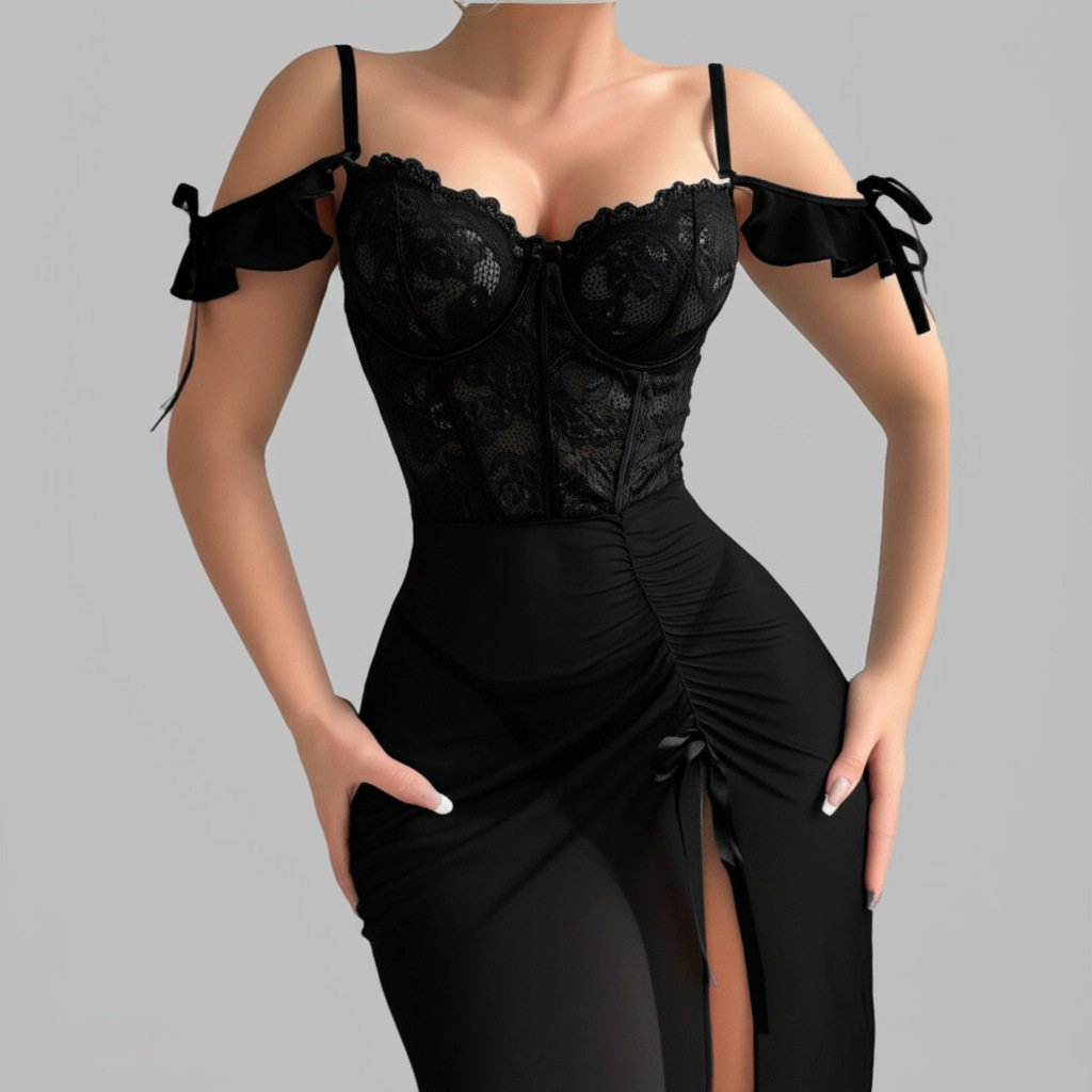 跨境性感蕾丝拼接情趣内衣套装花边一字领吊带网纱透视女睡裙