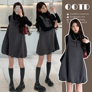 Autumn and Winter New Knitted Versatile Base Layer + Fashionable Korean-Style Bowknot Decorative Floral Vest Dress Set