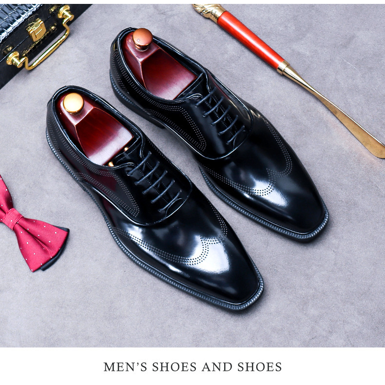 Giày Oxford nam da bò bóng buộc dây kiểu Anh công sở — Màu đen, Màu đỏ rượu