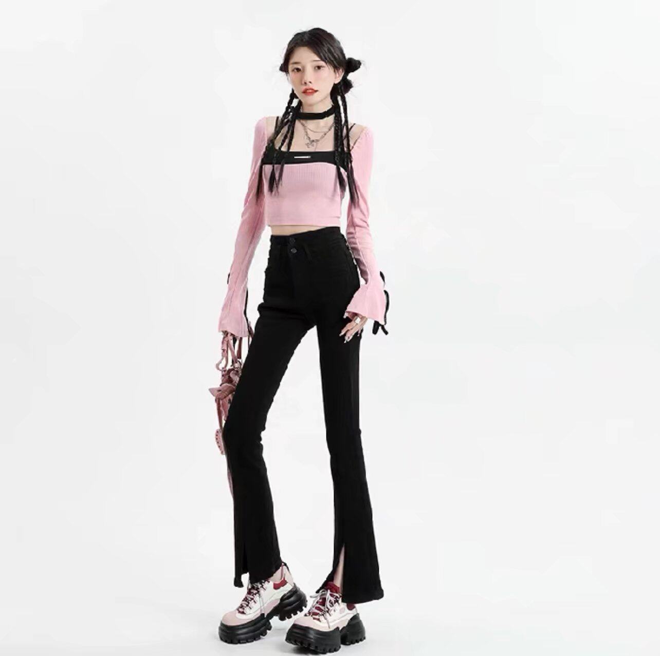 High Waisted Black Flared Jeans for Women Slim Fit Cropped Versatile for Students Spring and Autumn Style Wholesale