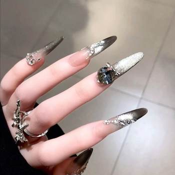 Pure Hand-worn Armor Fine Dog-worn Armor Removable Advanced Sense Black Luxury Flash Diamond Nail Art Finished Long