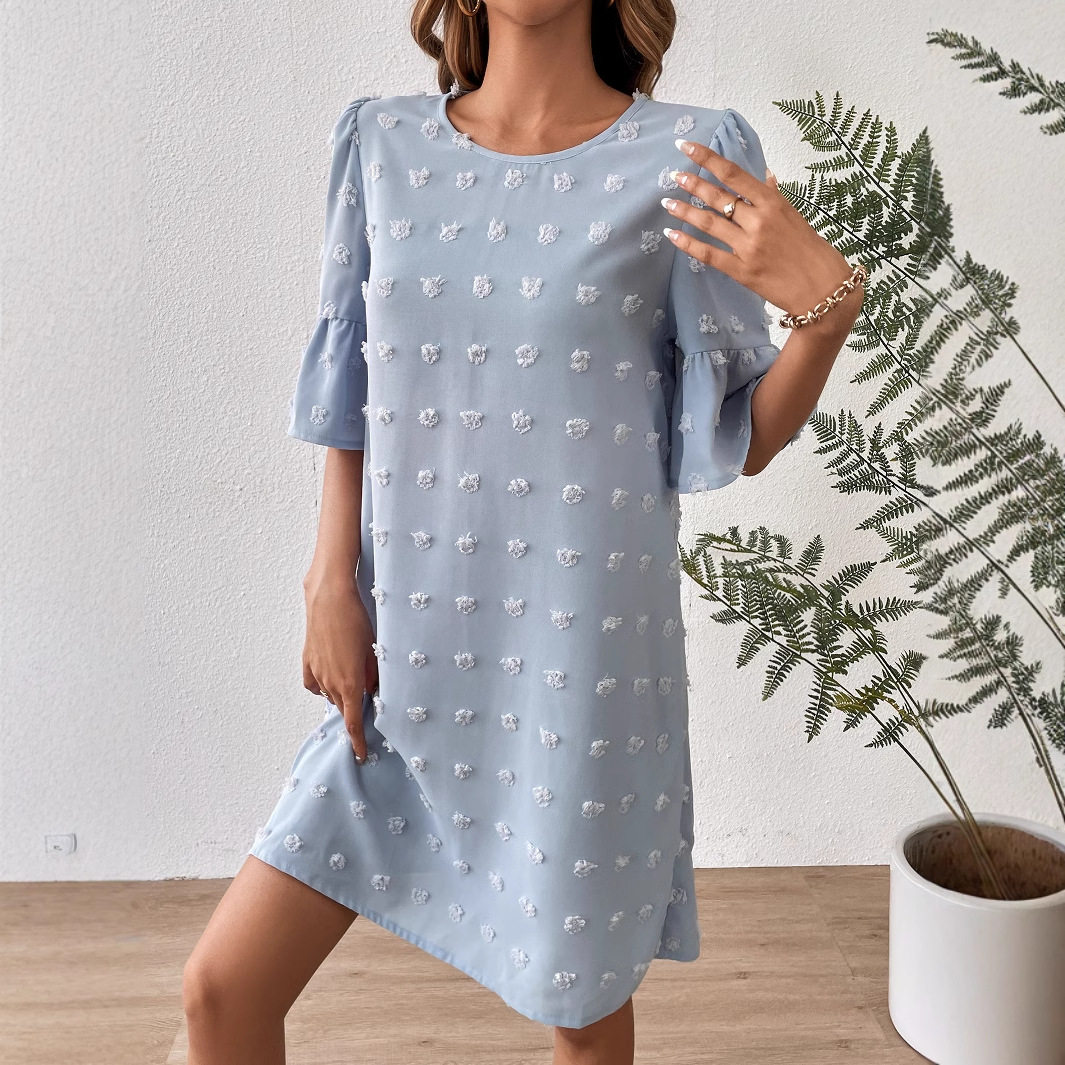 Chiffon Dress for Women Solid Color Short Sleeve Pom Detail Casual Summer Wear Wholesale Available