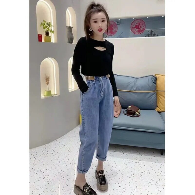 Womens High Waisted Denim Pants Stylish Spring Collection Versatile Plus Size Loose Harem Straight Leg Wholesale
