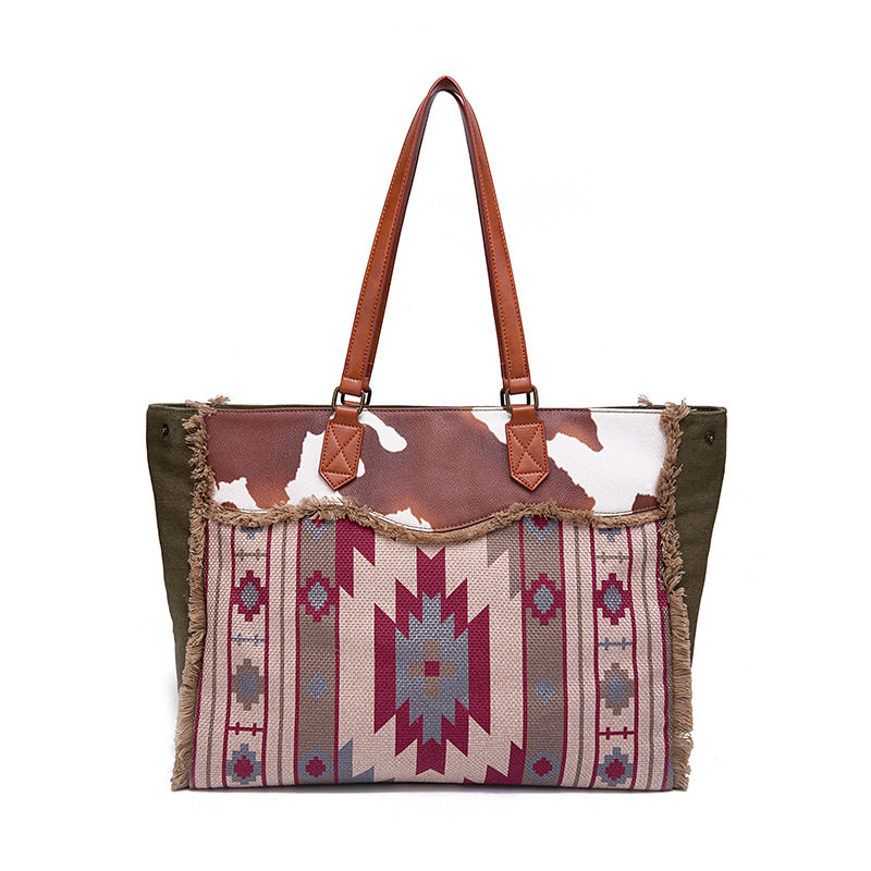 Túi Tote Nữ Vải Canvas Cotton Họa Tiết Bohemian Vintage Đeo Vai, Đeo Chéo, Xách Tay Màu Nâu, Xanh, Đỏ, Be