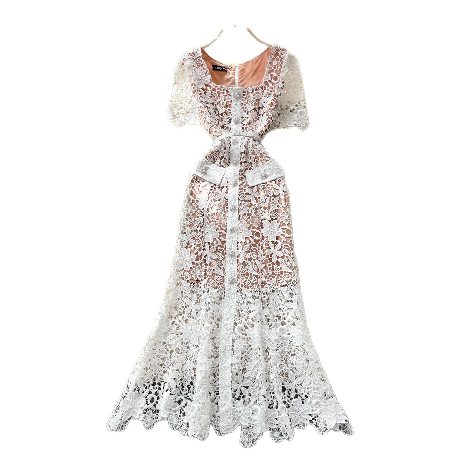 French Elegant Lace Hollow Out Maxi Dress for Women Summer Slim Fit Pink Office Wear Comfortable Fabric Wholesale