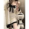 Pure Lust Style Bow Suspender Skirt Waist-Covering Hip Dress Women's Autumn and Winter Sweater Cardigan Jacket Two-Piece Suit