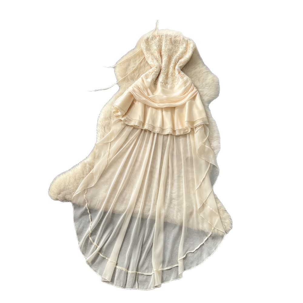French Chic Two Piece Set Luxurious Lace Tulle Skirt Irregular Hem Waist Cinching Design Summer Fashion for Elegant