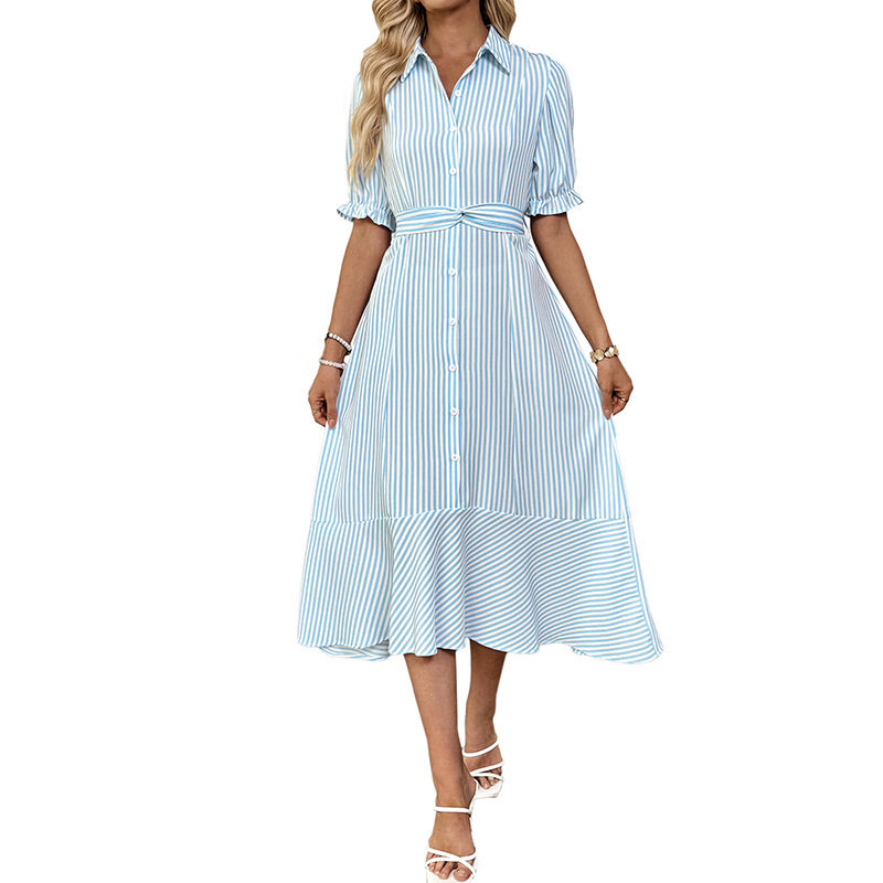 Striped Puff Sleeve Shirt Dress Summer Long Dress for Dating and Commuting Lightweight Stylish Comfortable