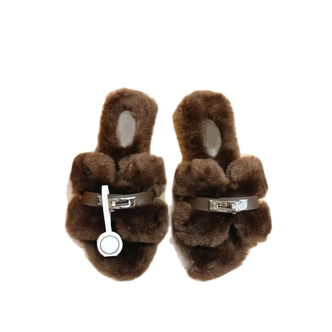 25 Autumn/Winter New Hhh Genuine Fur Slippers for Women, Versatile Plush Warm Metal Buckle with Fleece, Flat Open-Toe for Outdoor Wear