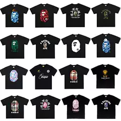 Cross-Border Foreign Trade Short-Sleeved Bape Ape Head Trendy Brand Letter Print Casual Street Style Loose T-Shirt for Men and Women